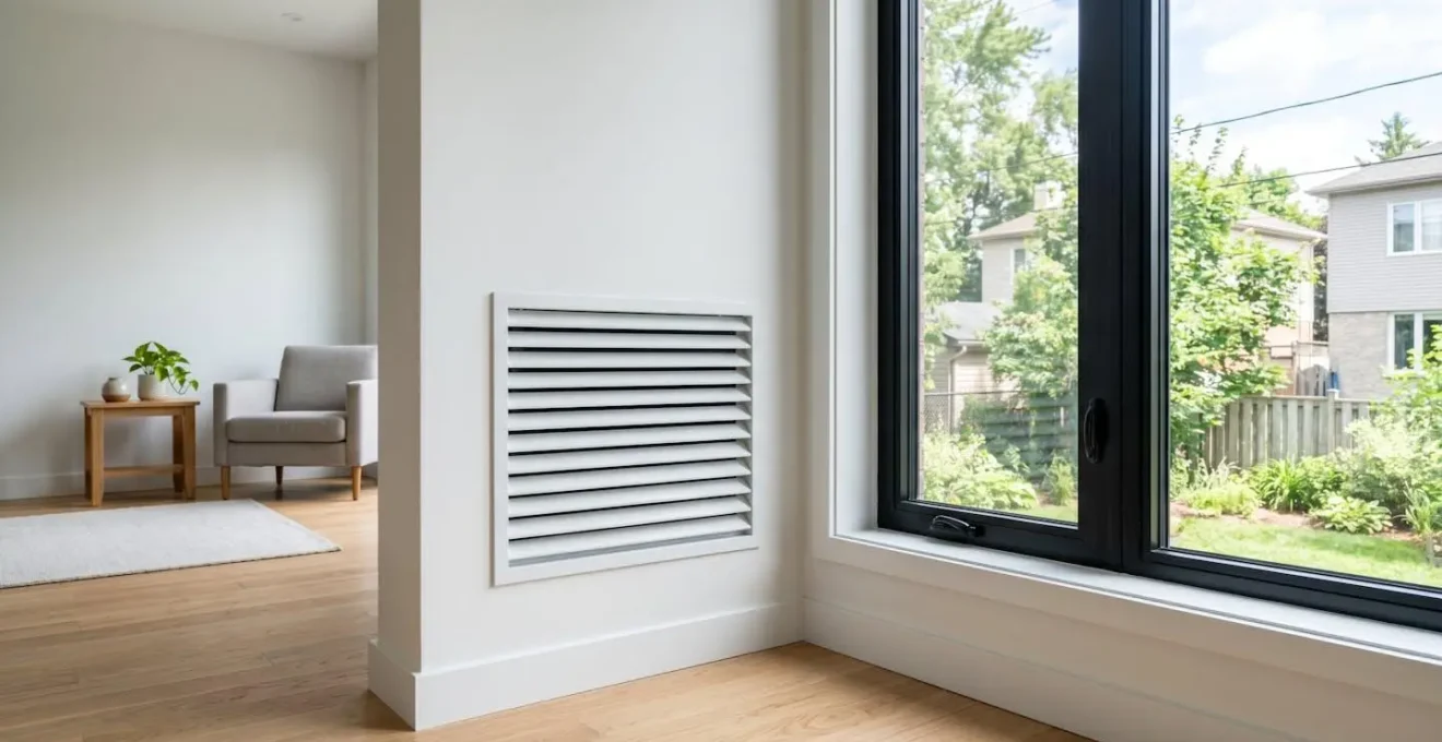 Vue en angle large d'une grille de ventilation blanche moderne installée sur un mur près d'une fenêtre dans un intérieur résidentiel contemporain lumineux