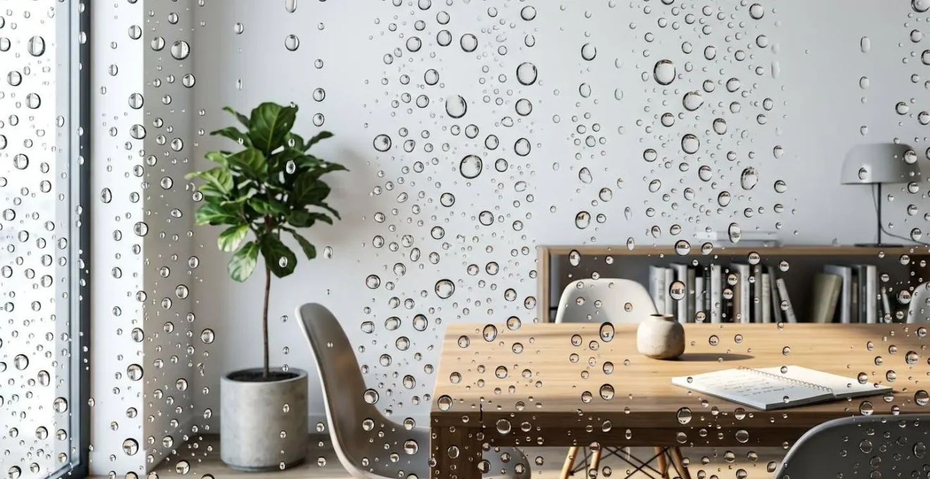 Gros plan détaillé sur des gouttelettes de condensation sur une surface de verre de fenêtre avec arrière-plan intérieur moderne flouté