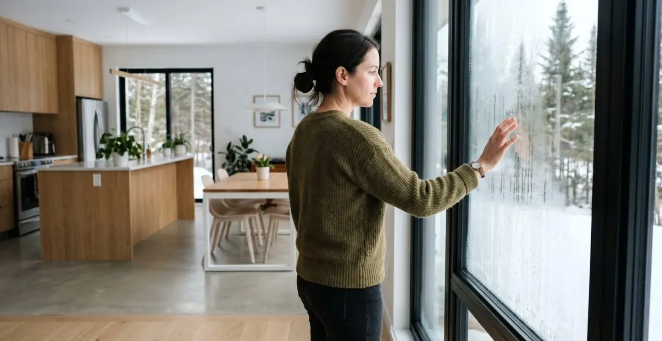 Propriétaire vue de profil inspectant des gouttelettes de condensation sur une fenêtre moderne avec la main touchant la vitre froide