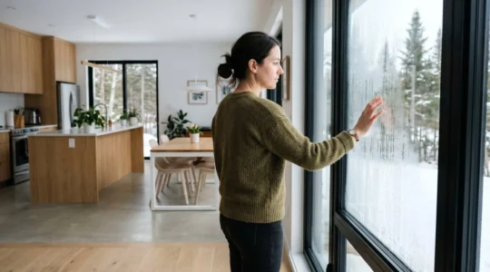 Propriétaire vue de profil inspectant des gouttelettes de condensation sur une fenêtre moderne avec la main touchant la vitre froide