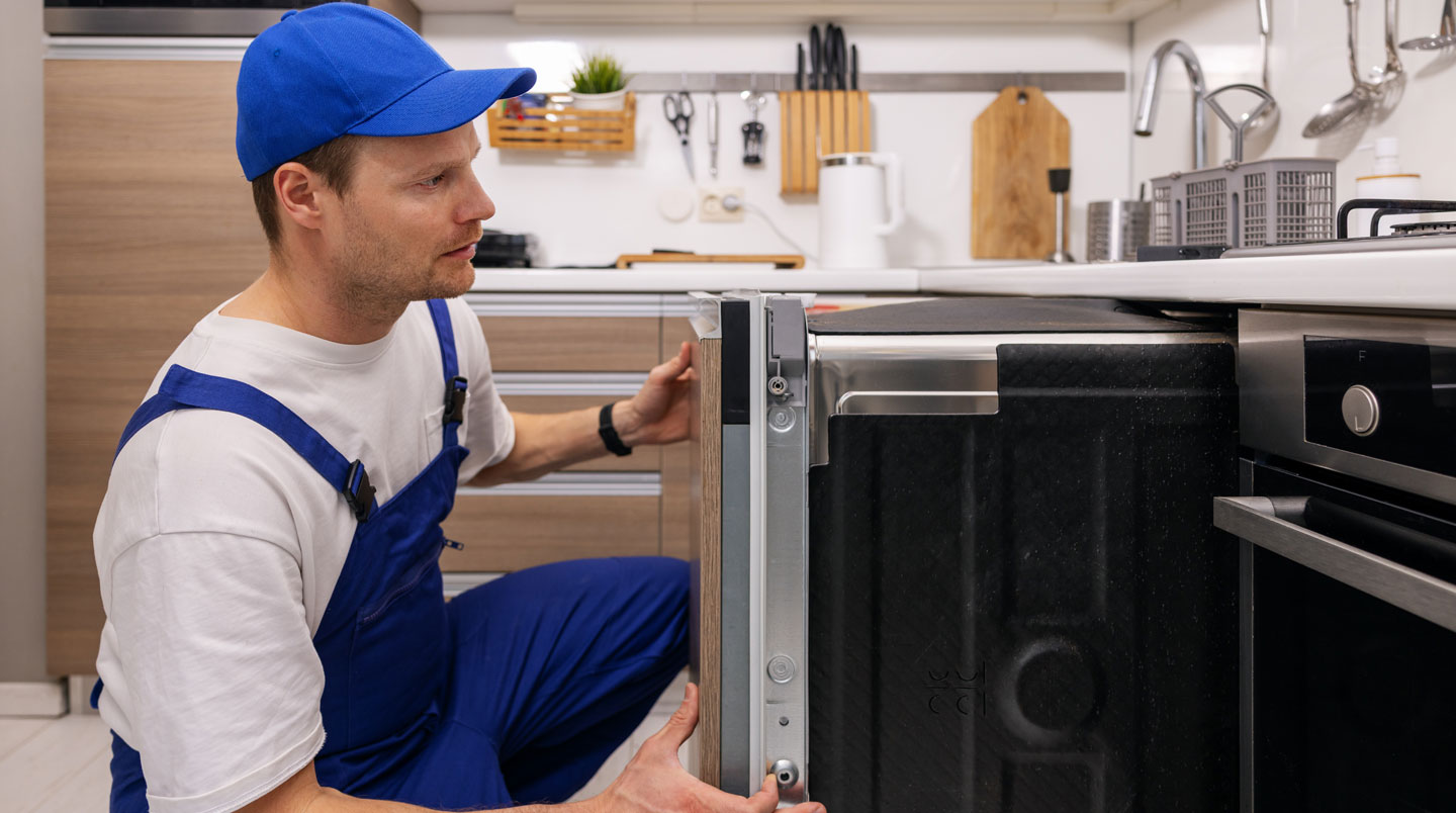 Gros plan sur une niche de meuble de cuisine avec un mètre ruban posé pour mesurer la largeur disponible