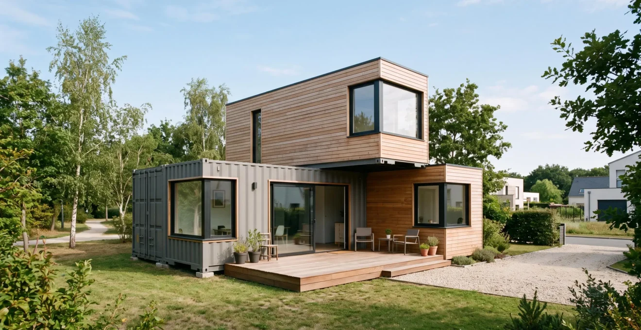 Installation moderne de conteneurs maritimes aménagés assemblés avec bardage bois et grandes baies vitrées, sur terrain paysagé en zone périurbaine française