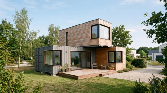 Installation moderne de conteneurs maritimes aménagés assemblés avec bardage bois et grandes baies vitrées, sur terrain paysagé en zone périurbaine française