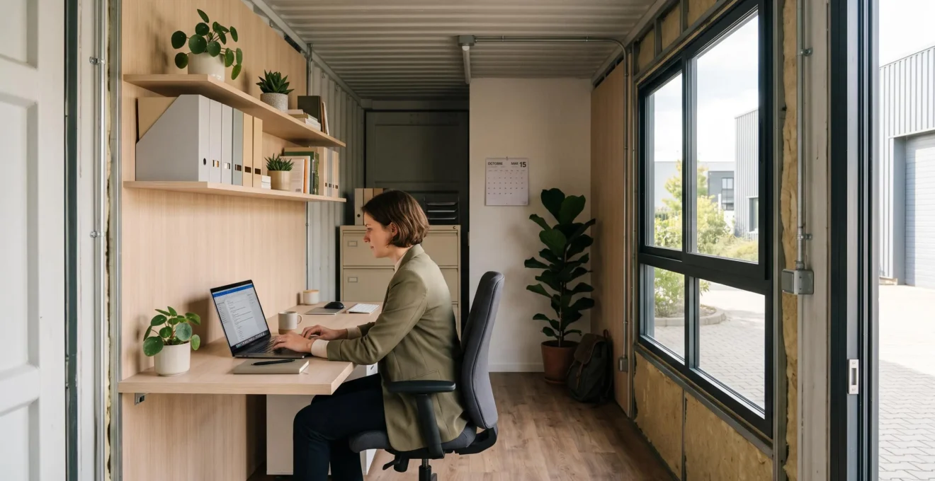 Intérieur d'un conteneur aménagé en bureau professionnel moderne avec espace de travail organisé, lumière naturelle et professionnel concentré à son poste