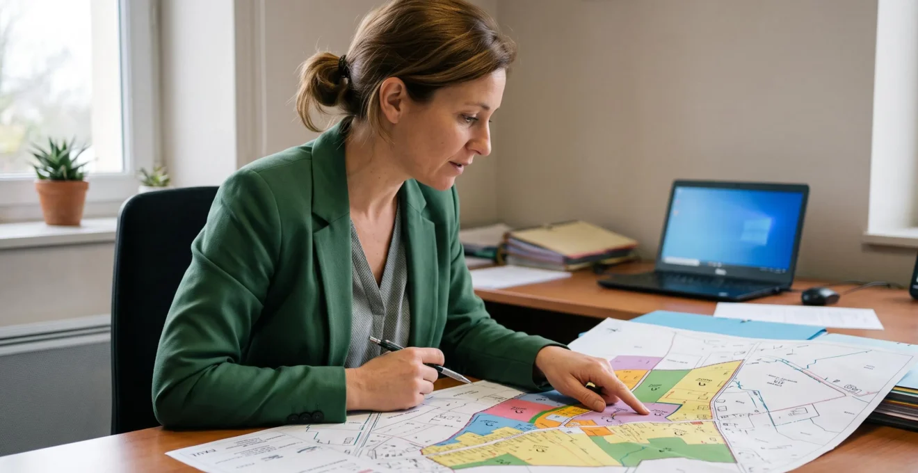 Professionnelle de l'urbanisme consultant un document de Plan Local d'Urbanisme dans un bureau, dans le cadre d'un projet de construction modulaire
