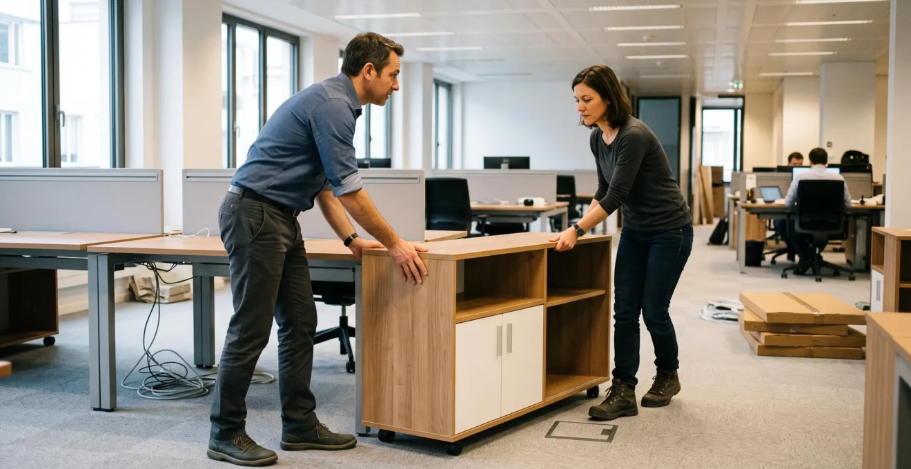 Deux professionnels positionnant du mobilier modulaire lors de l'aménagement d'un espace de bureau