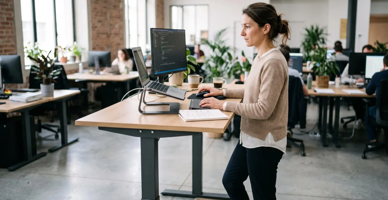 Professionnel travaillant debout à un bureau assis-debout réglable en hauteur dans un bureau contemporain