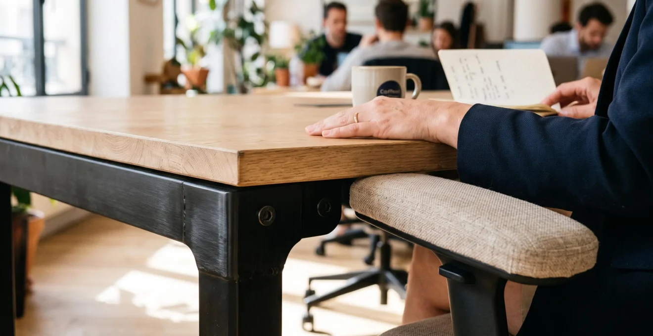 Détail de mobilier de bureau montrant l'assemblage de bois naturel, métal et textile dans un espace de travail