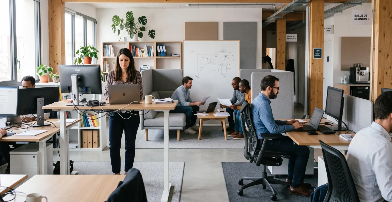 Espace de bureau contemporain avec collaborateurs utilisant différents types de mobilier ergonomique incluant bureaux assis-debout et sièges ajustables