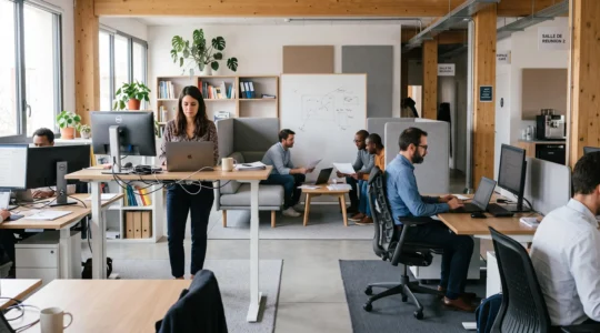 Espace de bureau contemporain avec collaborateurs utilisant différents types de mobilier ergonomique incluant bureaux assis-debout et sièges ajustables