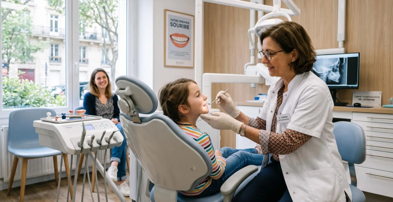 Un orthodontiste examine le sourire d'un enfant assis au fauteuil lors d'un premier bilan.