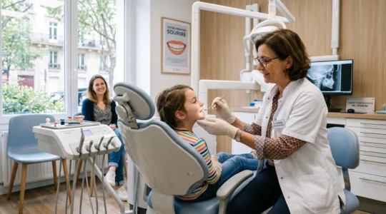 Un orthodontiste examine le sourire d'un enfant assis au fauteuil lors d'un premier bilan.