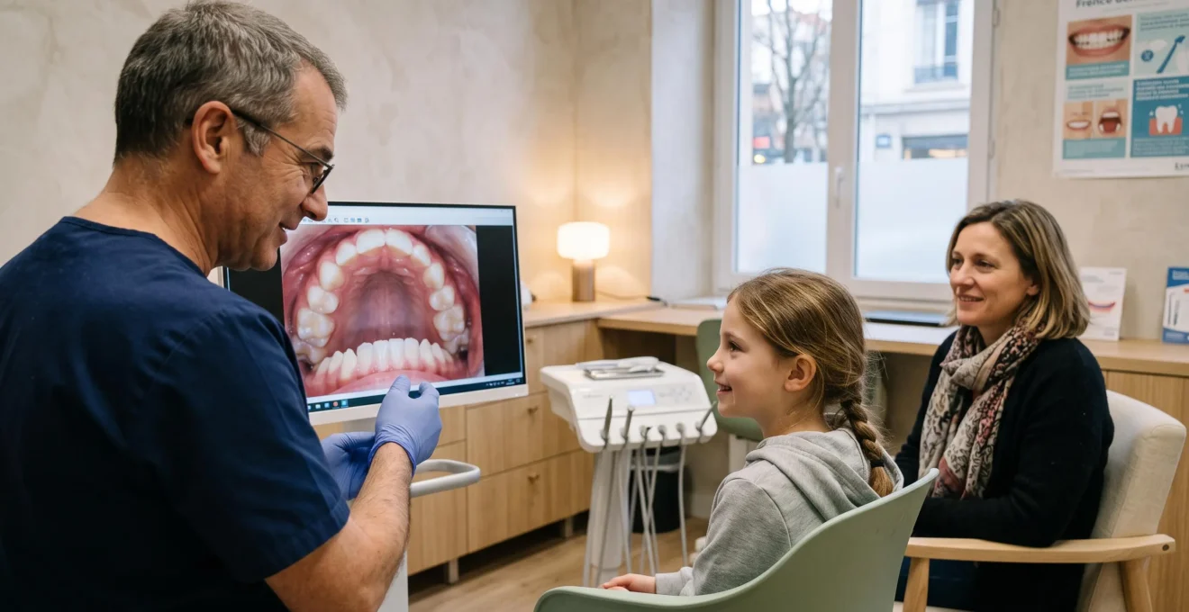 Une orthodontiste explique à un enfant et son parent les photos de ses dents sur écran.
