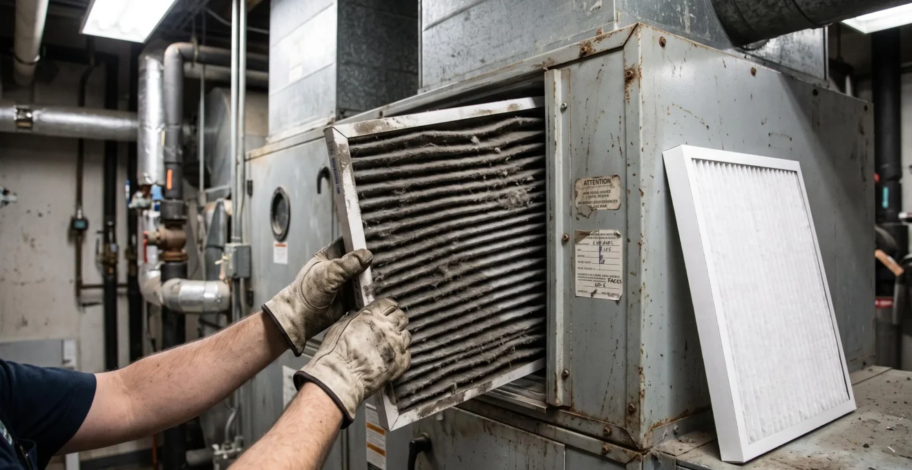 Des mains gantées retirent un filtre à air encrassé d'une unité de traitement d'air.