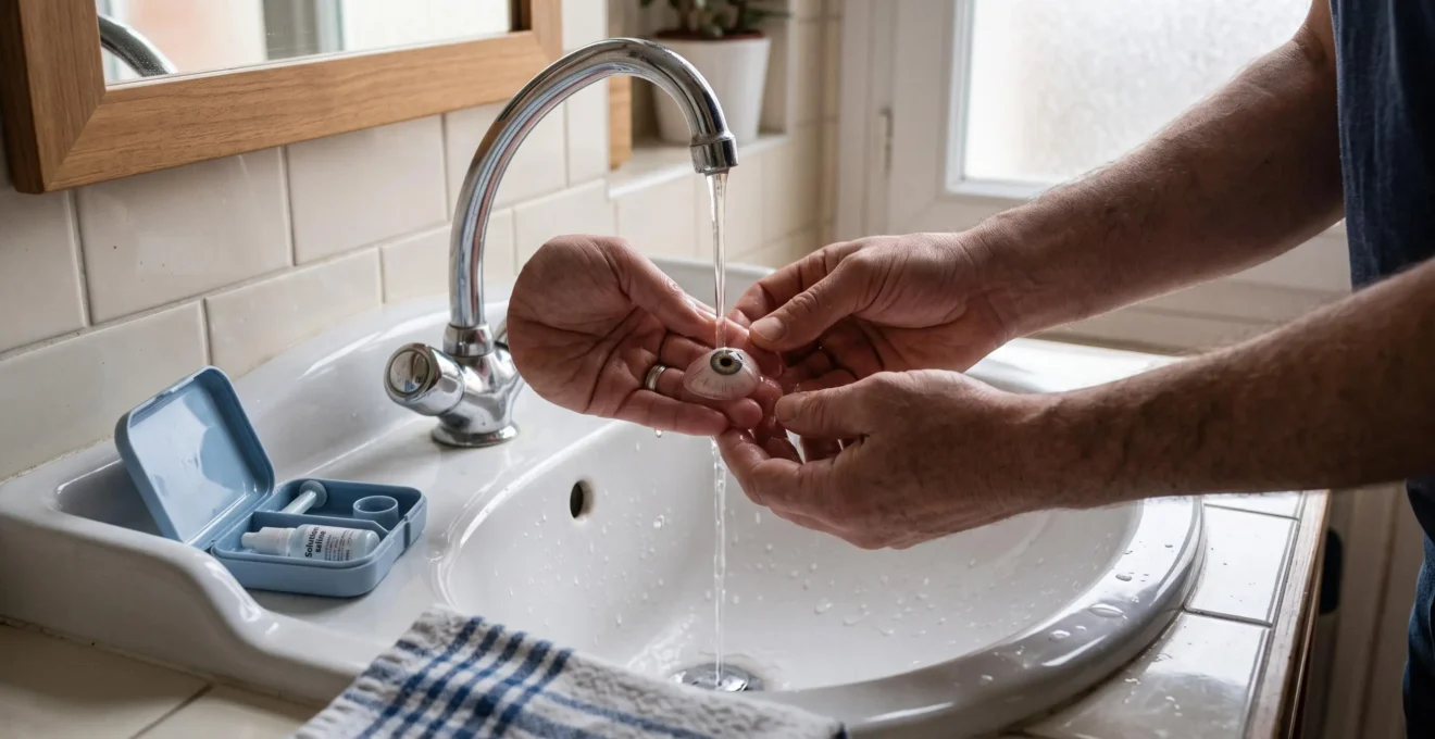 Des mains rincent délicatement une prothèse oculaire au-dessus d'un lavabo.