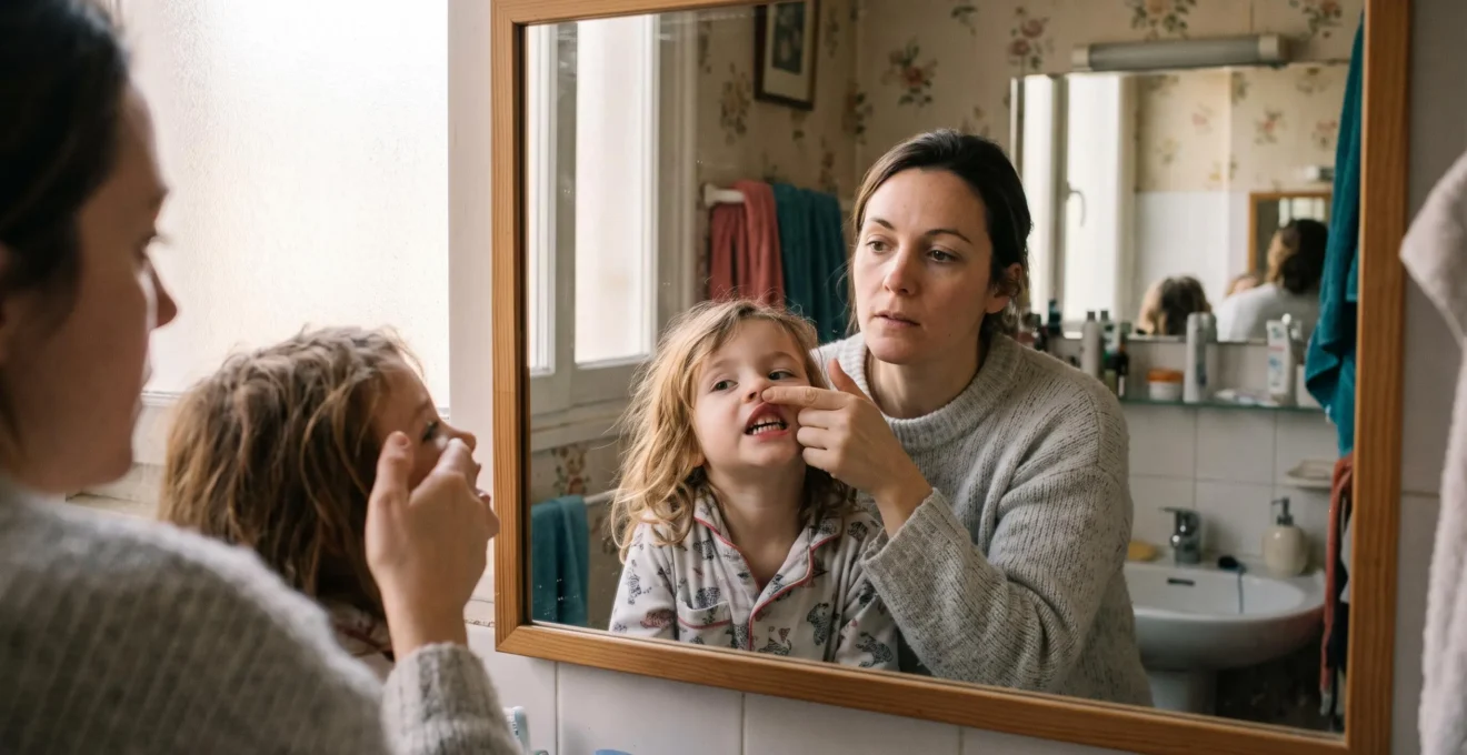 Une mère soulève la lèvre de son enfant pour observer ses dents devant un miroir.