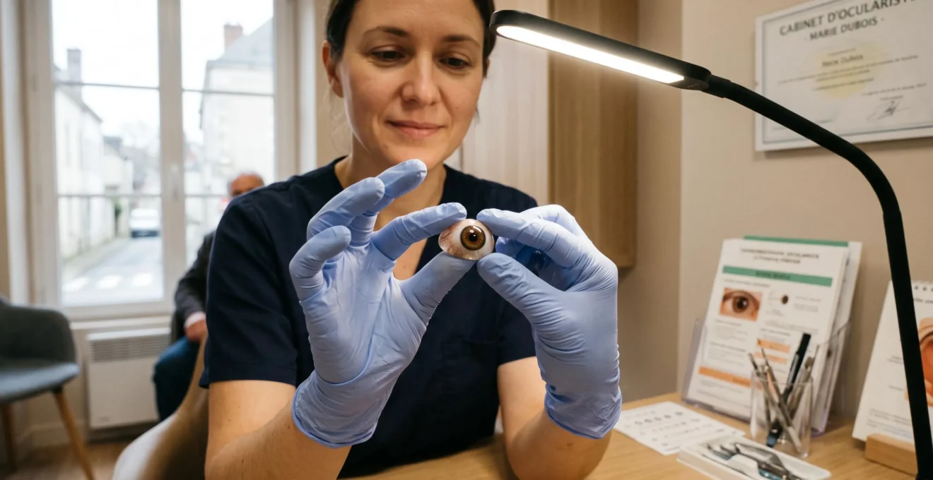 Un oculariste examine une prothèse oculaire en résine acrylique dans son cabinet.