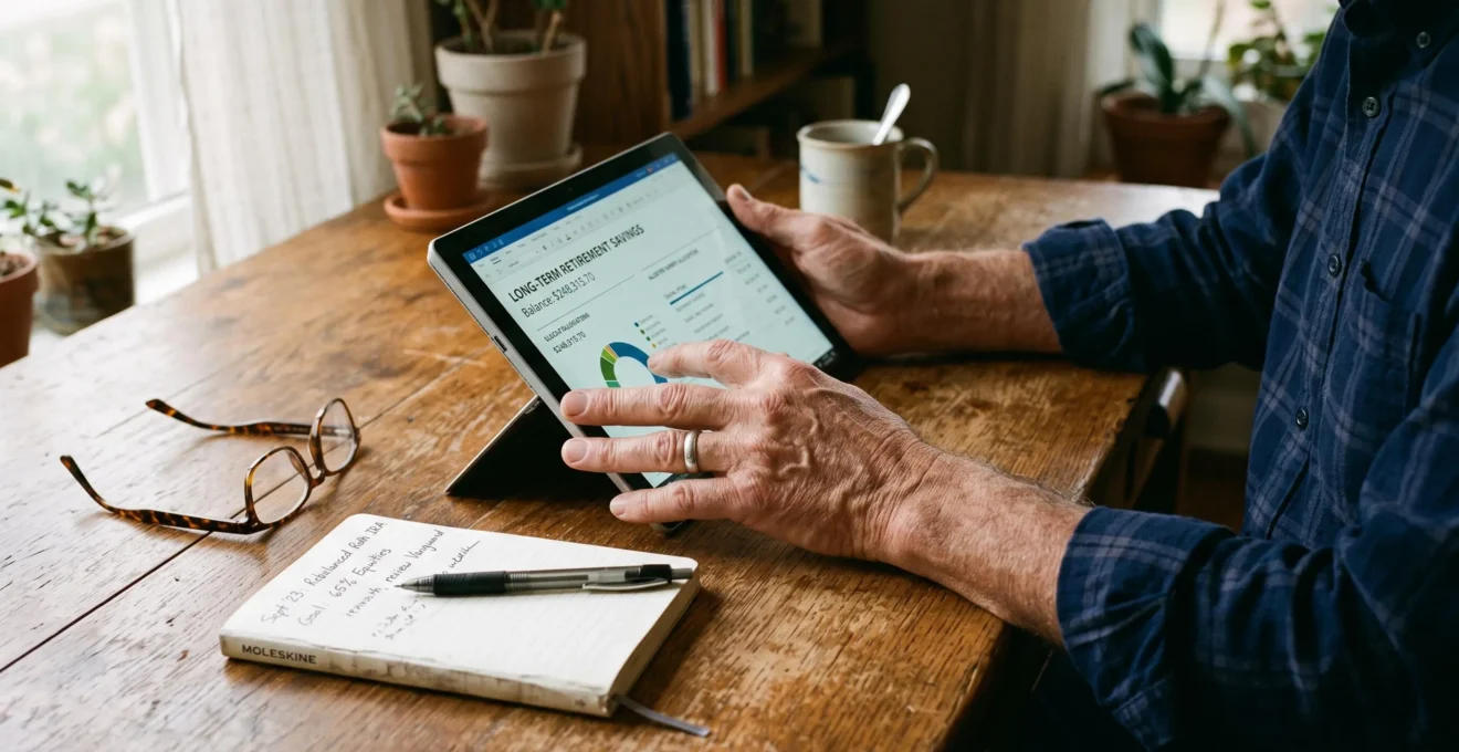 Un homme senior examine son épargne sur une tablette à son bureau.