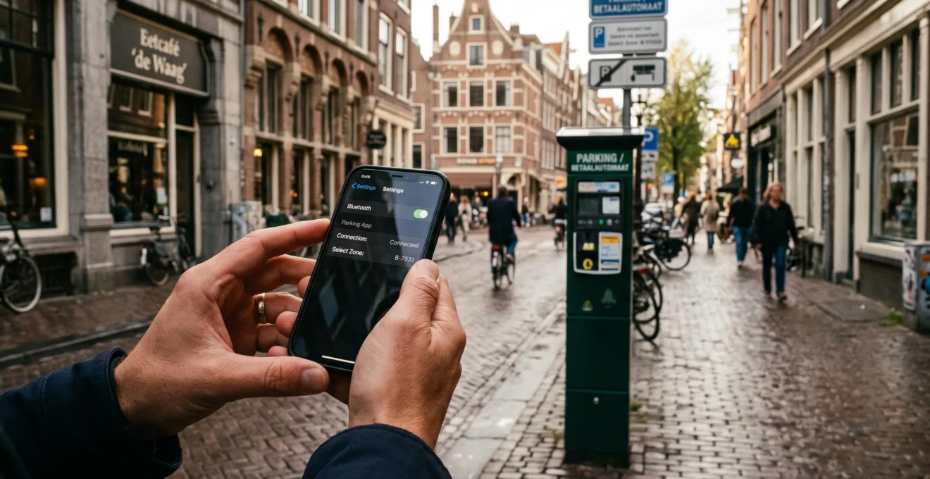 Une main tient un smartphone devant un appareil urbain connecté en arrière-plan.