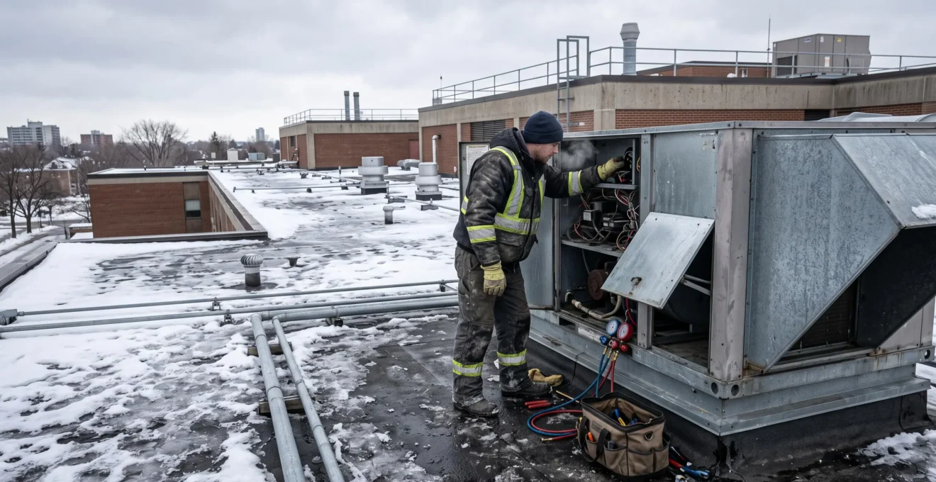 Un technicien inspecte une unité HVAC commerciale sur un toit d'immeuble en hiver.