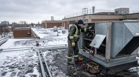 Un technicien inspecte une unité HVAC commerciale sur un toit d'immeuble en hiver.