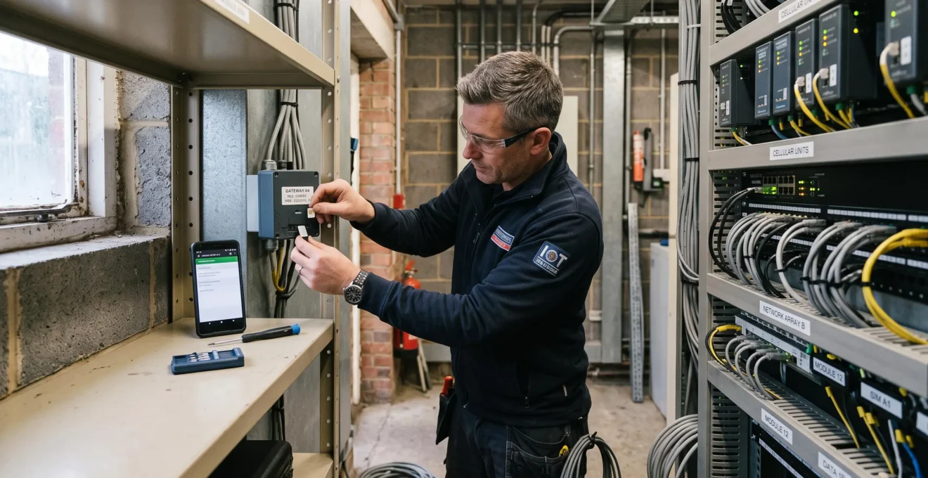 Un technicien installe une carte SIM industrielle dans un module de communication connecté.