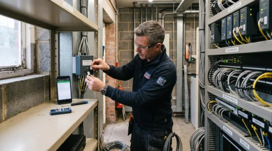 Un technicien installe une carte SIM industrielle dans un module de communication connecté.