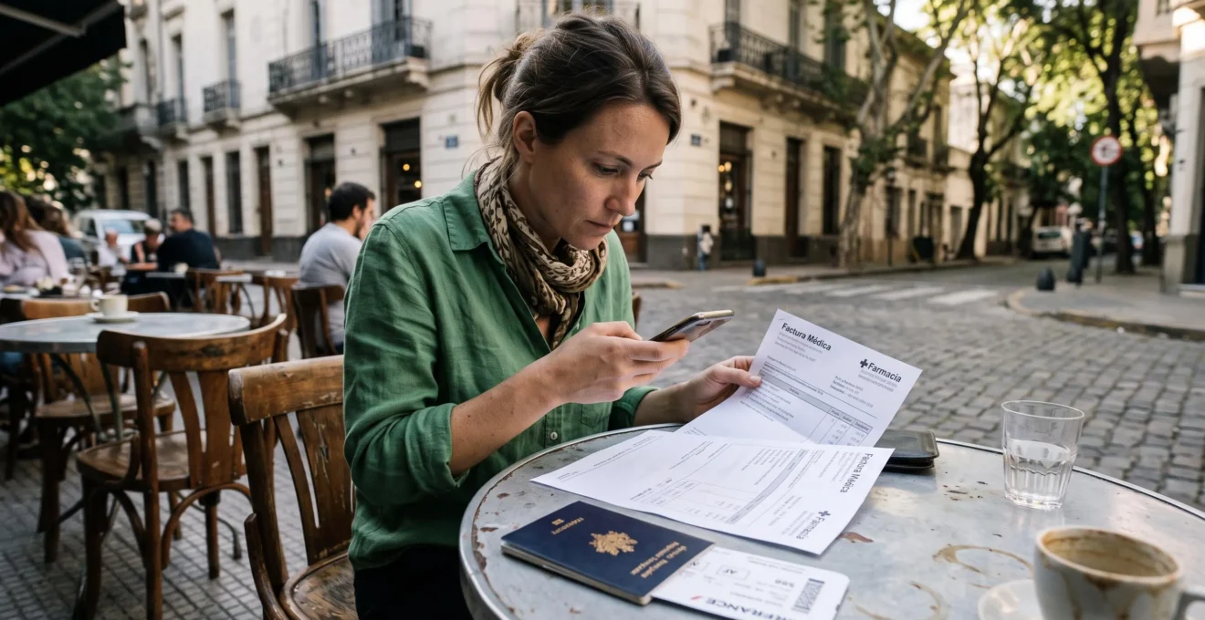 Un voyageur photographie avec son téléphone des justificatifs posés sur une table de café.