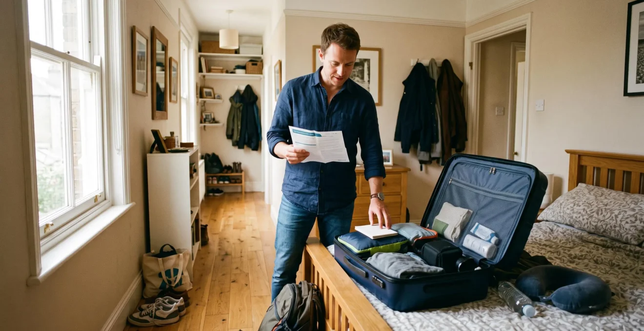 Un voyageur vérifie son attestation d'assurance à côté d'une valise ouverte avant le départ.